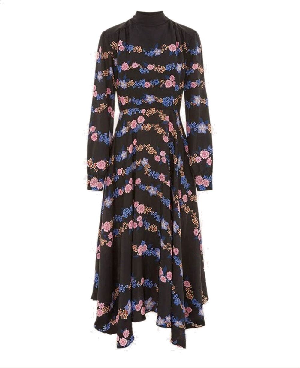 Hayley Menzies Floral Chain Asymmetric Silk Midi Dress Large L